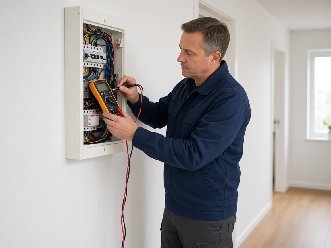 Elektriker måler på en kurs i et åpent sikringsskap i en gang
