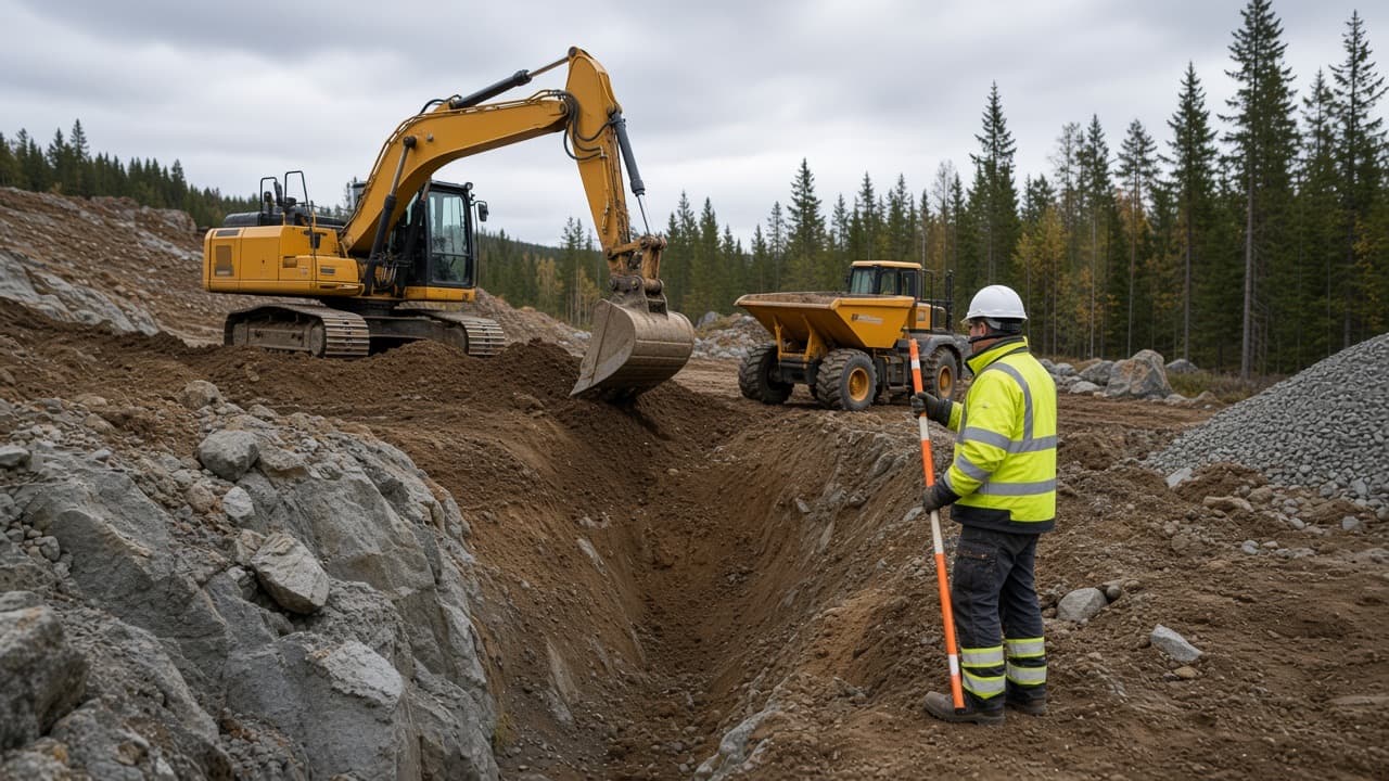 Gravemaskin graver grøft for husfundament på en skrånende tomt, med dumper og en grunnarbeider i refleksjakke