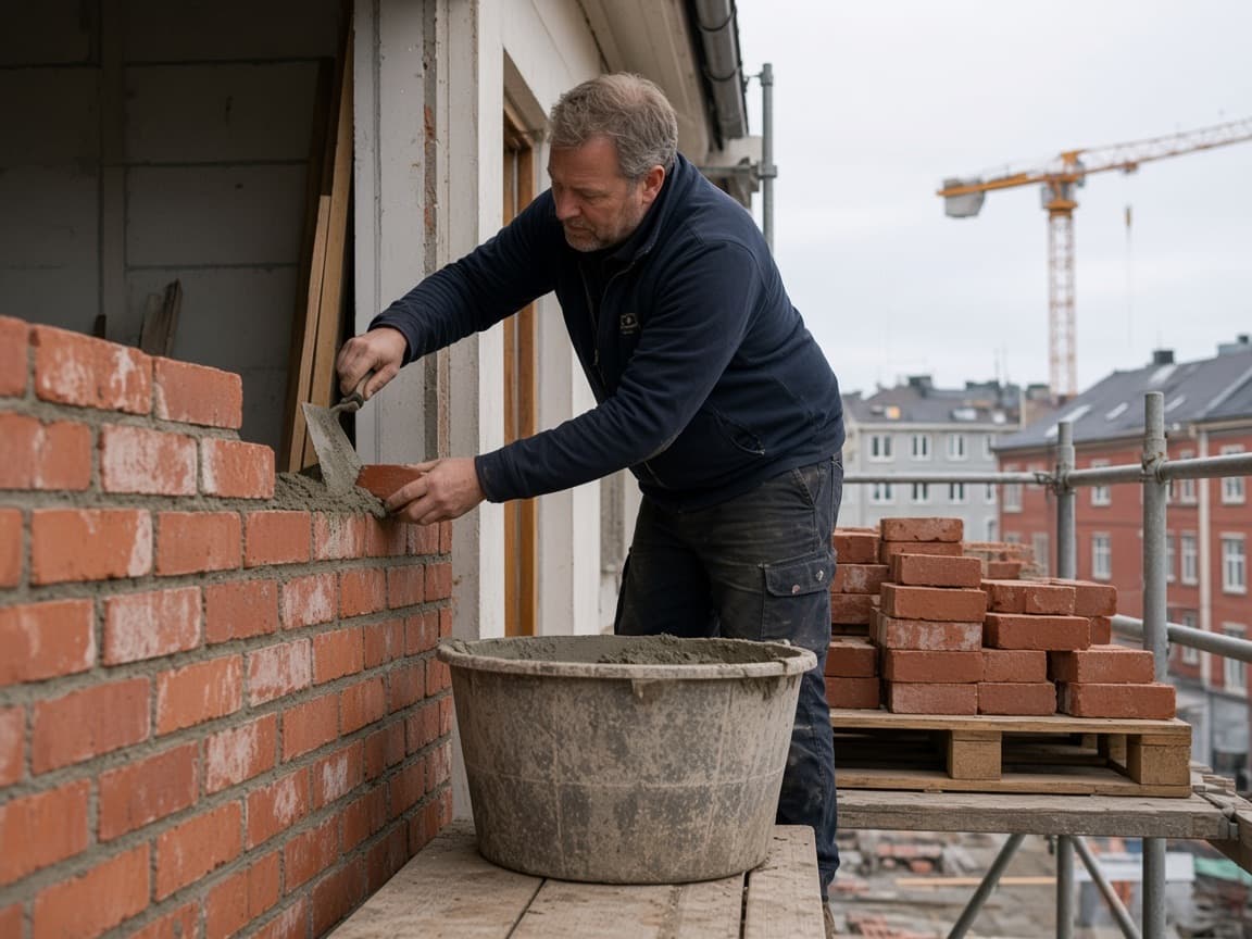 Murer legger teglstein på en fasade fra et stillas, med paller av tegl ved siden av