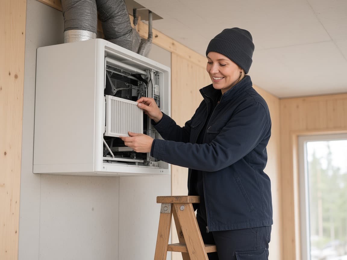 Ventilasjonstekniker bytter filter i et ventilasjonsaggregat i et teknisk rom